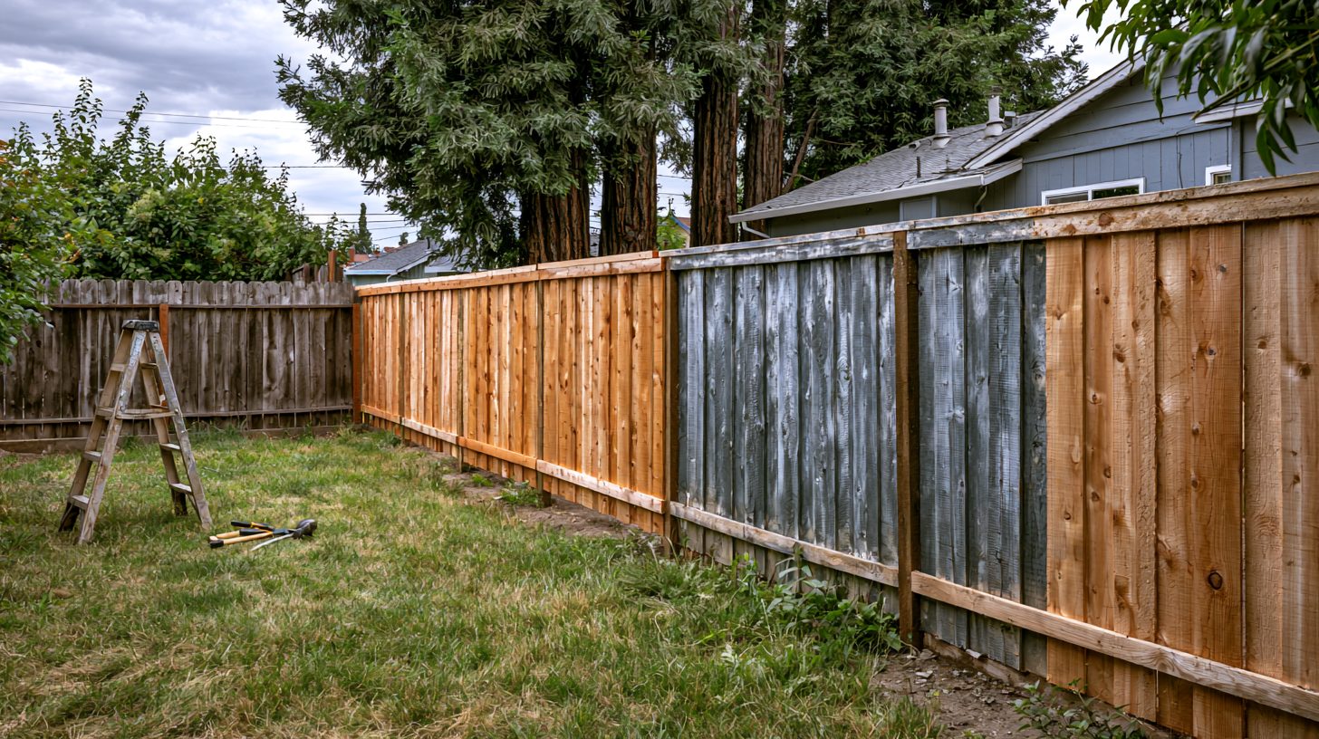Wood fence repair in progress at a residential property in Marin County